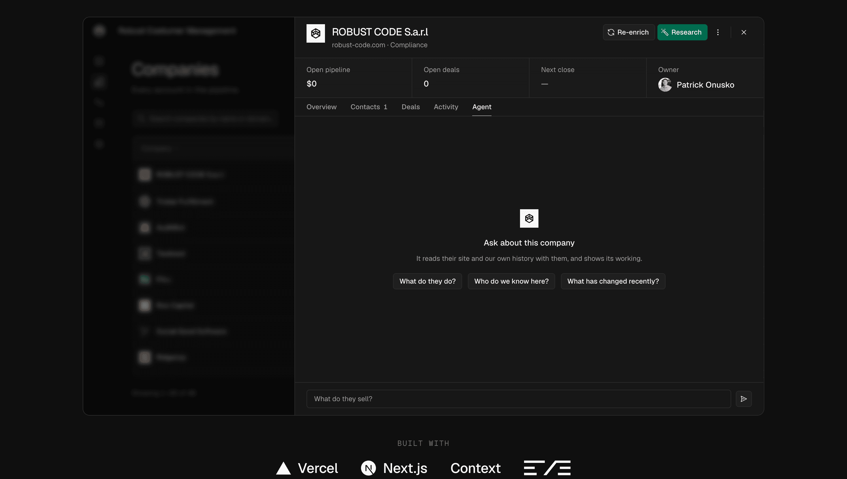 RCM built-in AI agent answering questions about a company, showing its reasoning